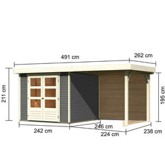 Abri de jardin en bois massif gris terre 5,95m² Askola 3,5 avec appentis 240cm et paroi arrière - Karibu Ma boutique