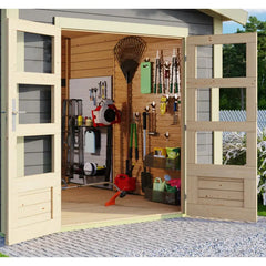 Abri de jardin en bois massif gris terre 5,95m² Theres 3 avec un auvent – Karibu Ma boutique