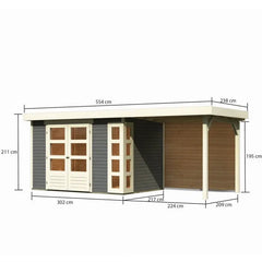 Abri de jardin en bois massif gris terre 6,55m² Kerko 4 avec appentis 240cm et paroi arrière – Karibu Ma boutique