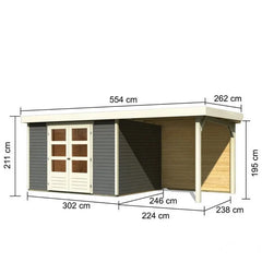 Abri de jardin en bois massif gris terre 7,43m² Askola 5 avec appentis 240cm et paroi arrière - Karibu Ma boutique