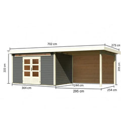Abri de jardin en bois massif gris terre 8,88m² Kandern 7 avec appentis 320cm et paroi arrière – Karibu Ma boutique