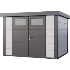 Abri en acier galvanisé gris blanc 7,1m² avec double porte Eleganto 3024 Telluria Ma boutique