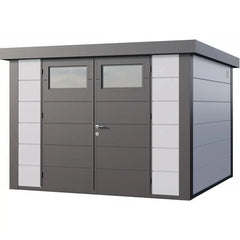 Abri en acier galvanisé gris blanc 8,9m² avec double porte Eleganto 3030 Telluria Ma boutique