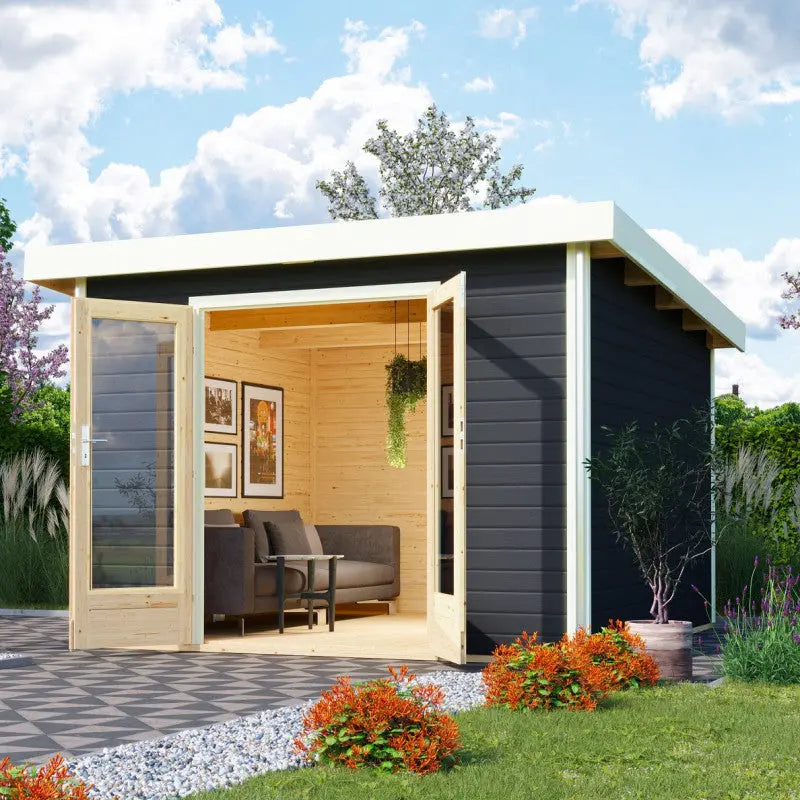 Abri toit plat 9,55m² bois massif gris terre 40mm Radeburg 1 – Karibu Ma boutique