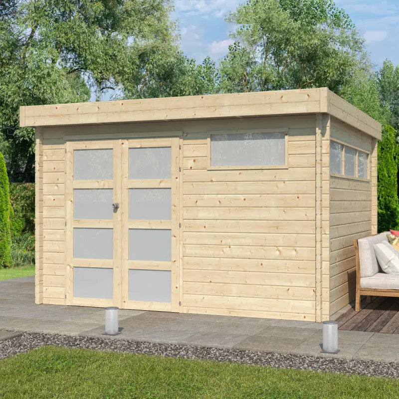 Chalet Moderne 11,84m² en bois massif 44mm avec porte double vitrée+2 fenêtres - Gardenas Ma boutique