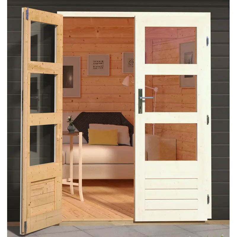 Abri de jardin en bois massif gris terre 5,95m² Kandern 3 avec appentis 235cm et paroi arrière – Karibu Ma boutique