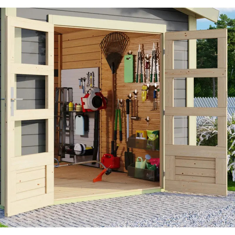 Abri de jardin en bois massif gris terre 5,95m² Theres 3 avec un auvent – Karibu Ma boutique