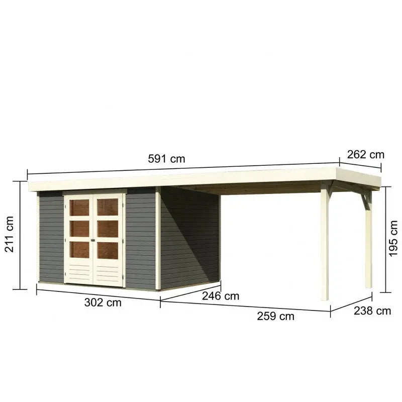 Abri de jardin en bois massif gris terre 7,43m² Askola 5 avec appentis 280cm – Karibu Ma boutique