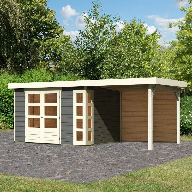 Abri de jardin en bois massif gris terre 7,43m² Kerko 5 avec appentis 240cm et paroi arrière – Karibu Ma boutique