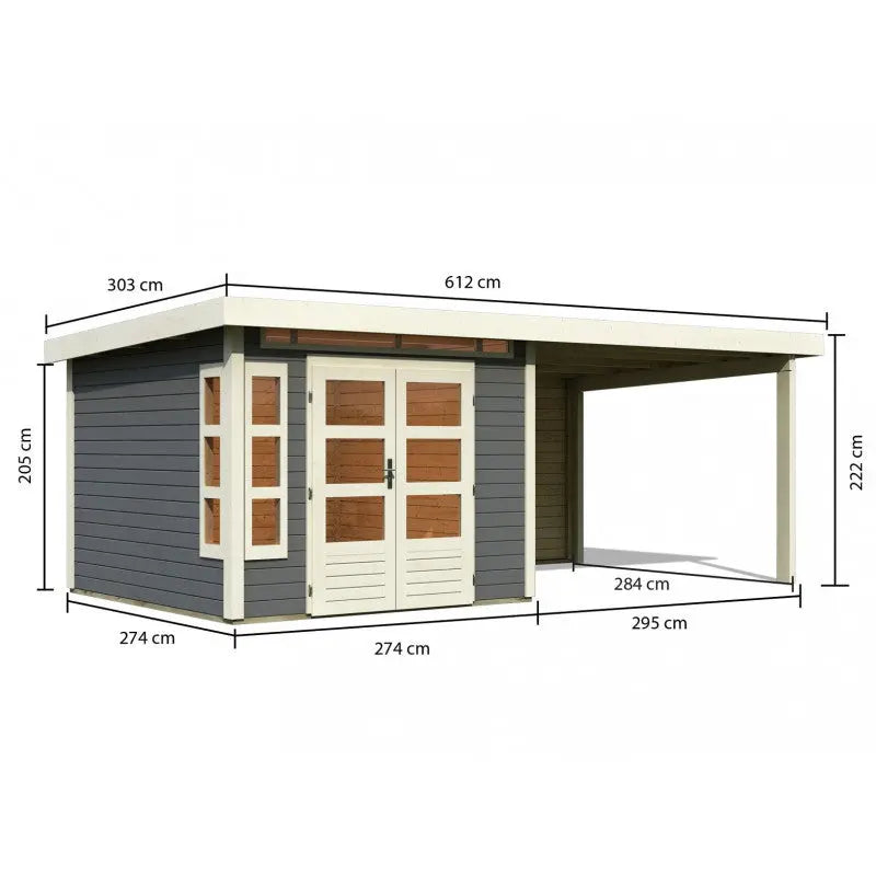 Abri de jardin en bois massif gris terre 7,50m² Kastorf 6 avec appentis 320cm et paroi arrière – Karibu Ma boutique