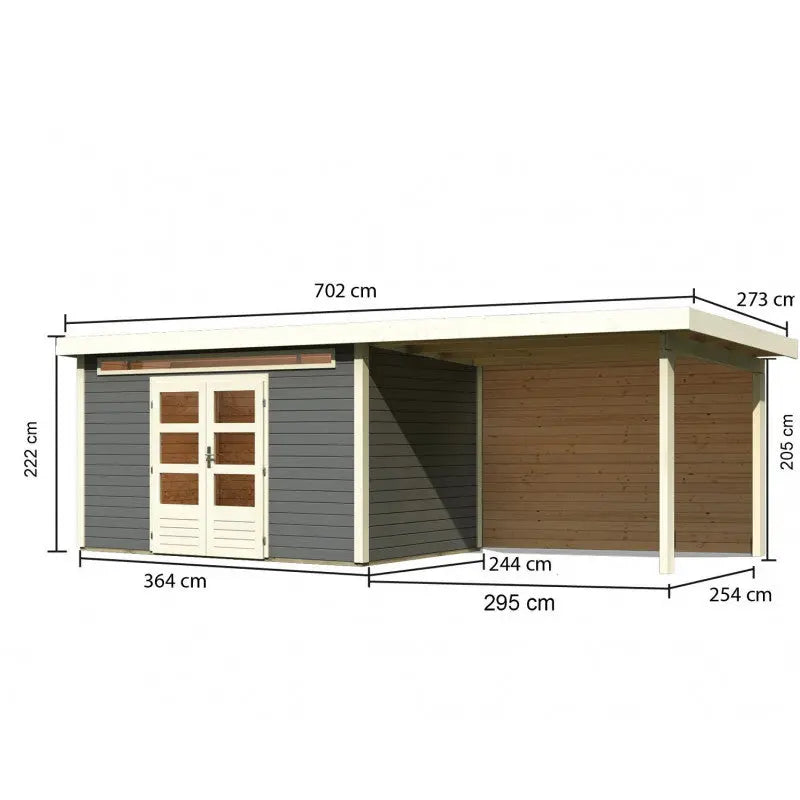 Abri de jardin en bois massif gris terre 8,88m² Kandern 7 avec appentis 320cm et paroi arrière – Karibu Ma boutique