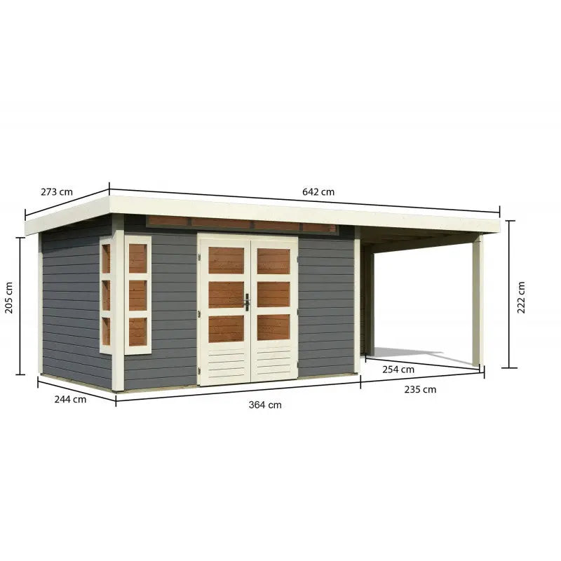 Abri de jardin en bois massif gris terre 8,88m² Kastorf 7 avec appentis 260cm et paroi arrière – Karibu Ma boutique