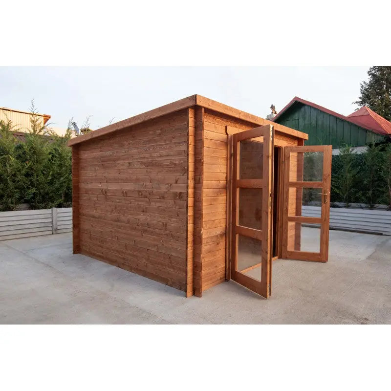 Abri de jardin toit plat 9m² PENTY - madriers 28mm traité - tuiles métalliques - Gardy Shelter Ma boutique