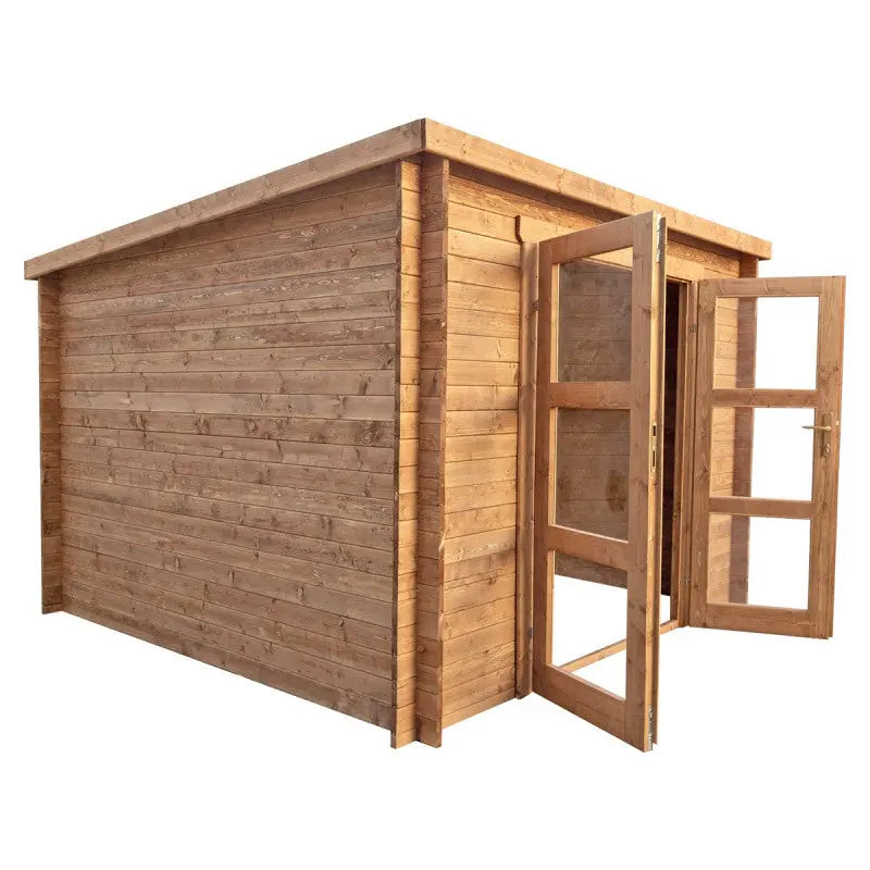 Abri de jardin toit plat 9m² PENTY - madriers 28mm traité - tuiles métalliques - Gardy Shelter Ma boutique