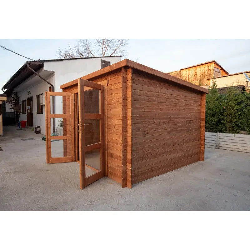 Abri de jardin toit plat 9m² PENTY - madriers 28mm traité - tuiles métalliques - Gardy Shelter Ma boutique