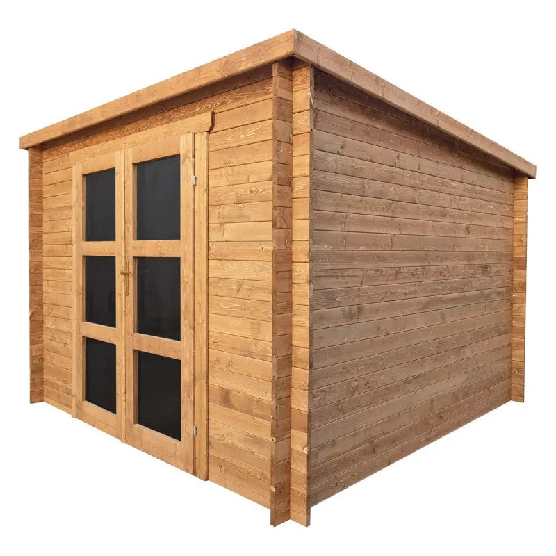 Abri de jardin toit plat 9m² PENTY - madriers 28mm traité - tuiles métalliques - Gardy Shelter Ma boutique