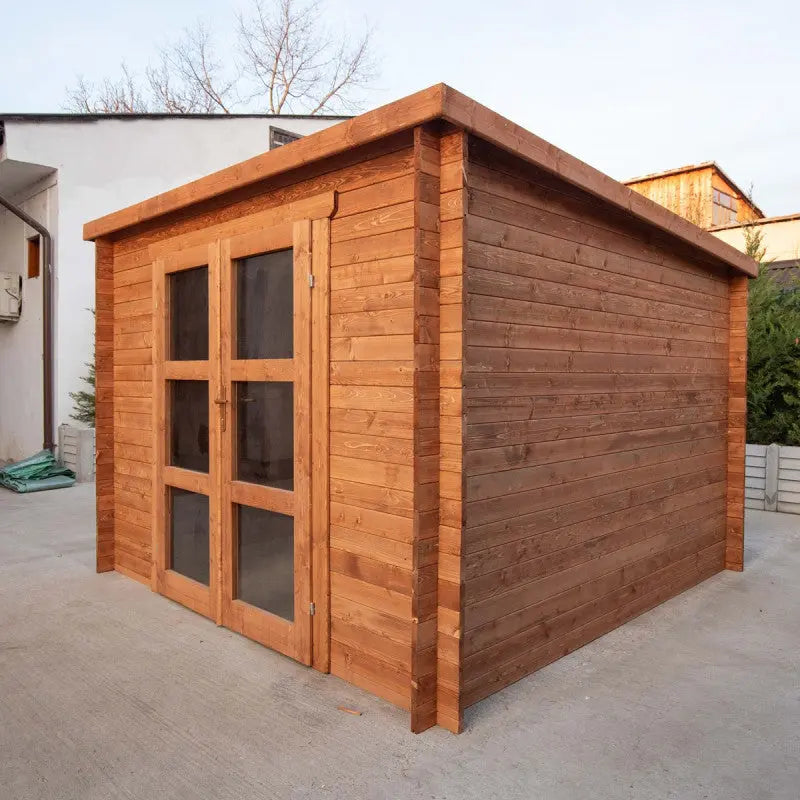Abri de jardin toit plat 9m² PENTY - madriers 28mm traité - tuiles métalliques - Gardy Shelter Ma boutique
