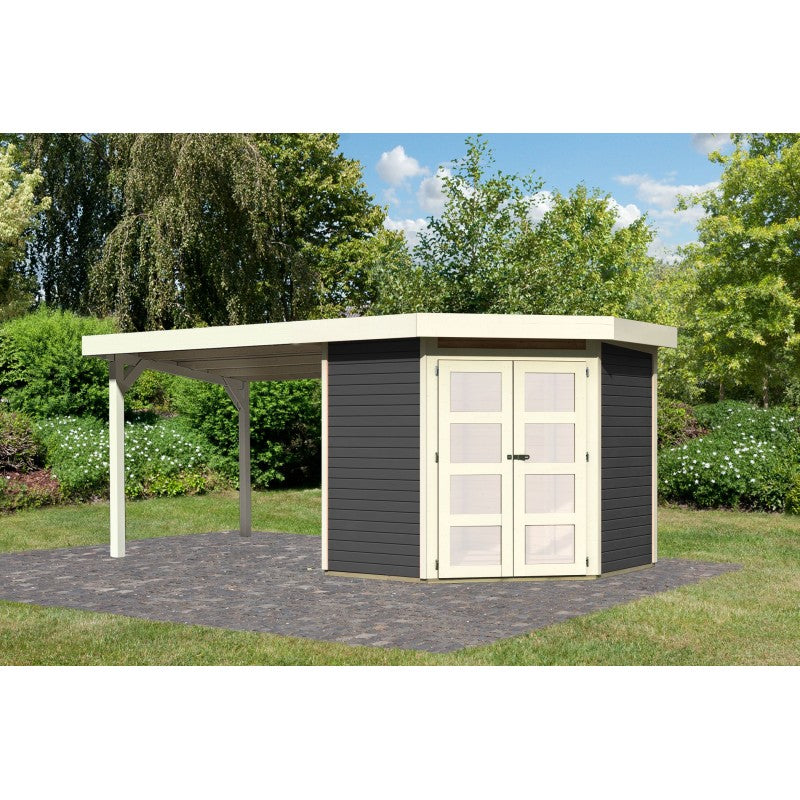 Abri toit plat 4,62m² Goldendorf 3 + auvent en bois vitrifié gris 19mm - Karibu Ma boutique