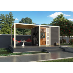 Abri toit plat en bois massif 19mm Qubic 6,05m² + appentis 5,6m² gris terre - Karibu Ma boutique