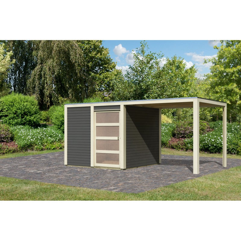 Abri toit plat en bois massif 19mm Qubic 6,05m² + appentis 5,6m² gris terre - Karibu Ma boutique