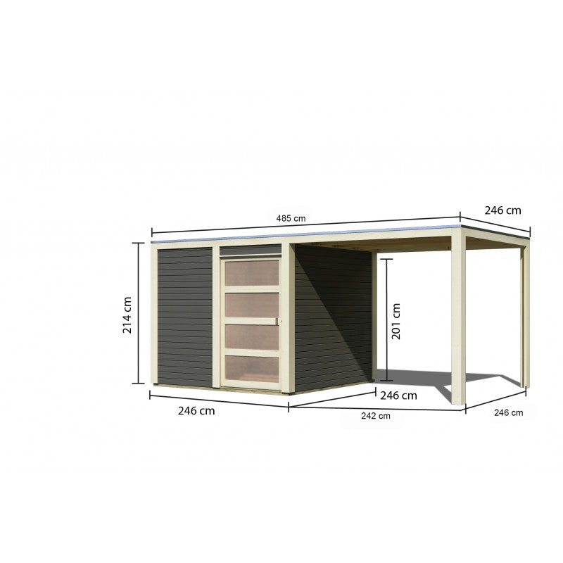 Abri toit plat en bois massif 19mm Qubic 6,05m² + appentis 5,6m² gris terre - Karibu Ma boutique