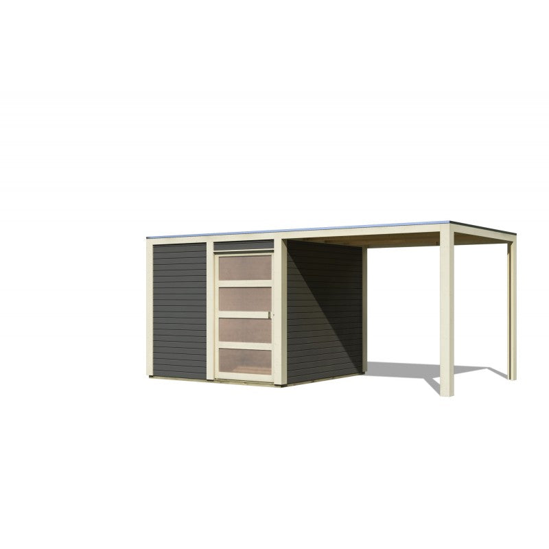 Abri toit plat en bois massif 19mm Qubic 6,05m² + appentis 5,6m² gris terre - Karibu Ma boutique