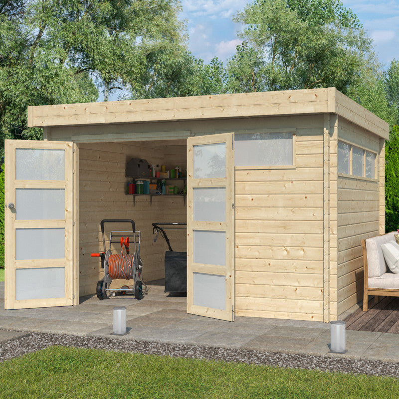 Chalet Moderne 11,84m² en bois massif 44mm avec porte double vitrée+2 fenêtres - Gardenas Ma boutique