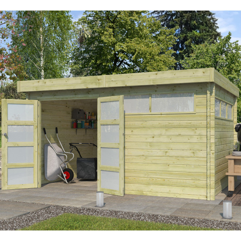 Chalet Moderne 13,8m² en bois traité 44mm avec porte double vitrée+2 fenêtres - Gardenas Ma boutique