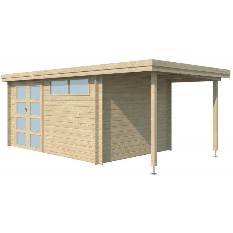 Chalet moderne Oregon 13,51m² + extension 150cm en bois massif 28mm avec porte double vitrée+fenêtre - Gardenas Ma boutique