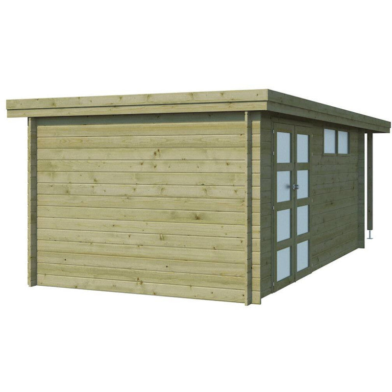 Chalet moderne Oregon 16,4m² + extension 150cm en bois traité 28mm avec porte double vitrée+fenêtre - Gardenas Ma boutique