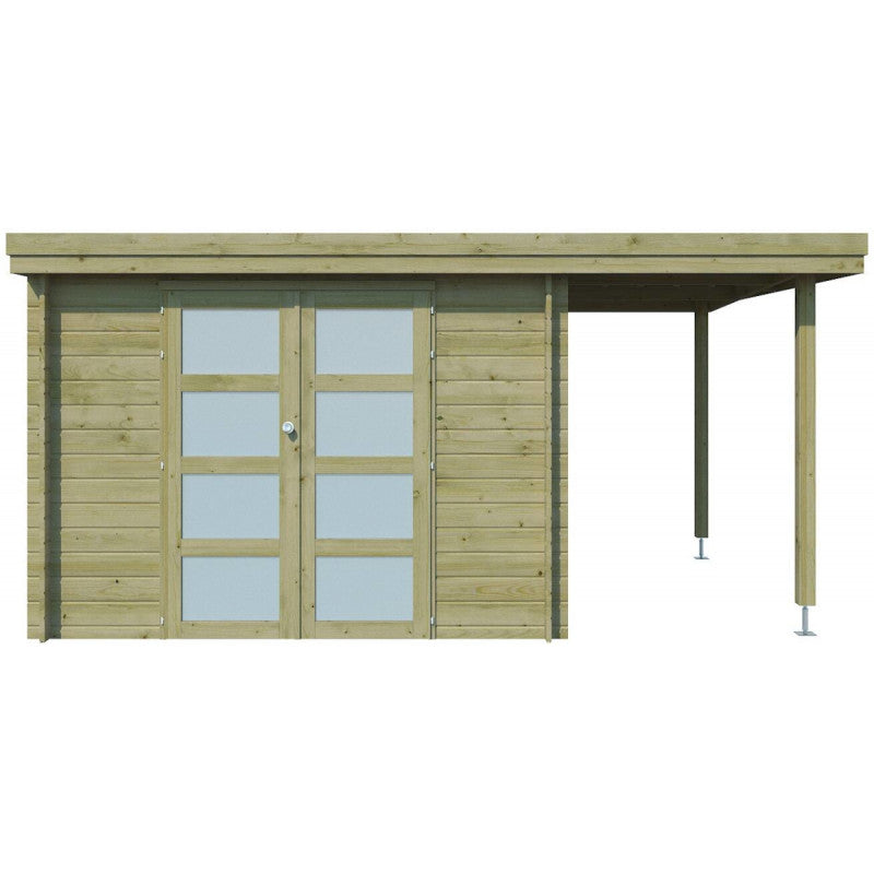 Chalet moderne Oregon 9,6m² + extension 150cm en bois traité 28mm avec porte double vitrée - Gardenas Ma boutique