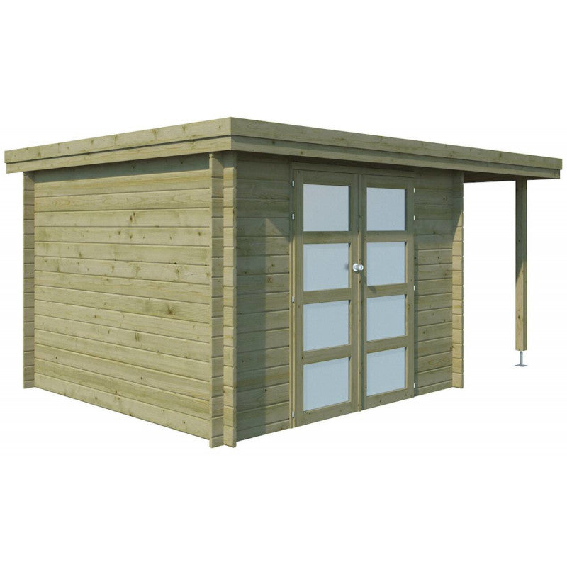Chalet moderne Oregon 9,6m² + extension 150cm en bois traité 28mm avec porte double vitrée - Gardenas Ma boutique
