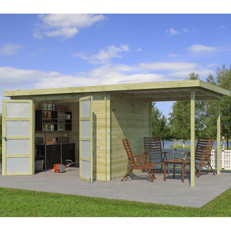 Chalet moderne Umea 8,5m² + extension 200cm en bois traité 19mm avec porte double vitrée - Gardenas Ma boutique